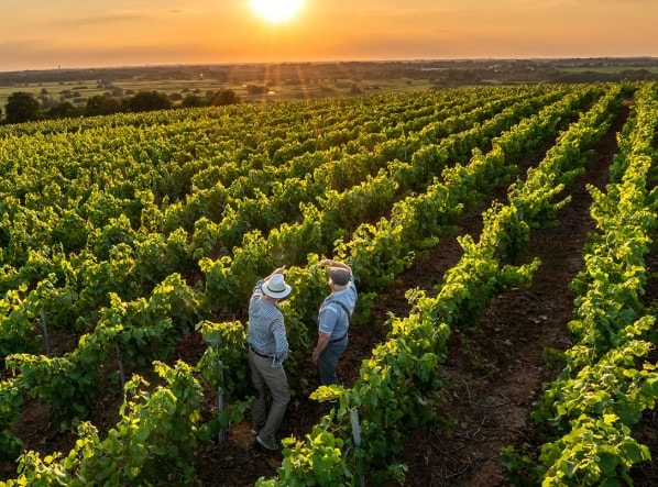 Produtores caminhando entre fileiras da plantação
